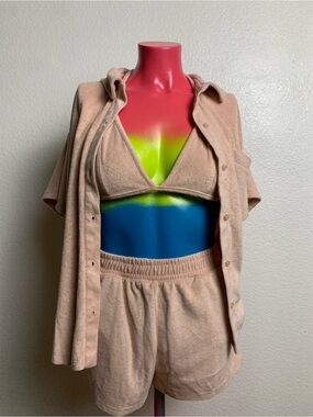 3-Piece Terry Cloth Lounge Set Small | Halter Bralette Shorts Button-Up Coverup